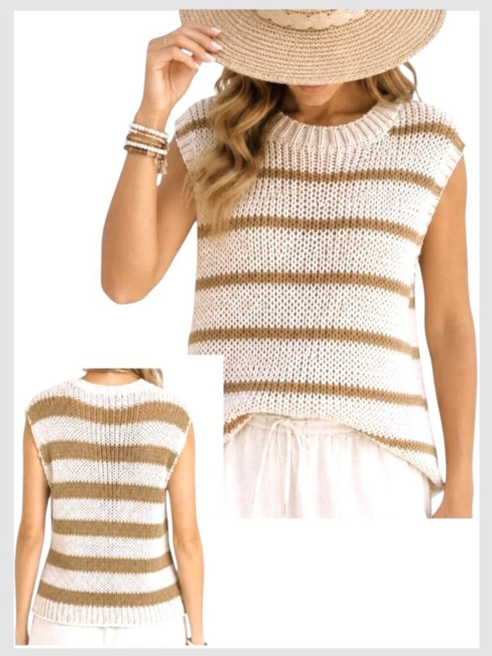 Free People Open Knit Sleeveless Sweater Ivory Tan L
